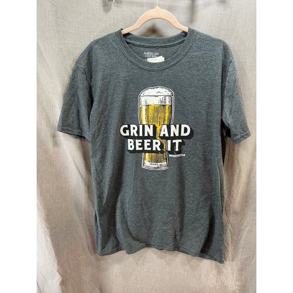 Grin And Beer It Shirt Adult‎ Large Gray Short Sleeve Pullover Tee Mens